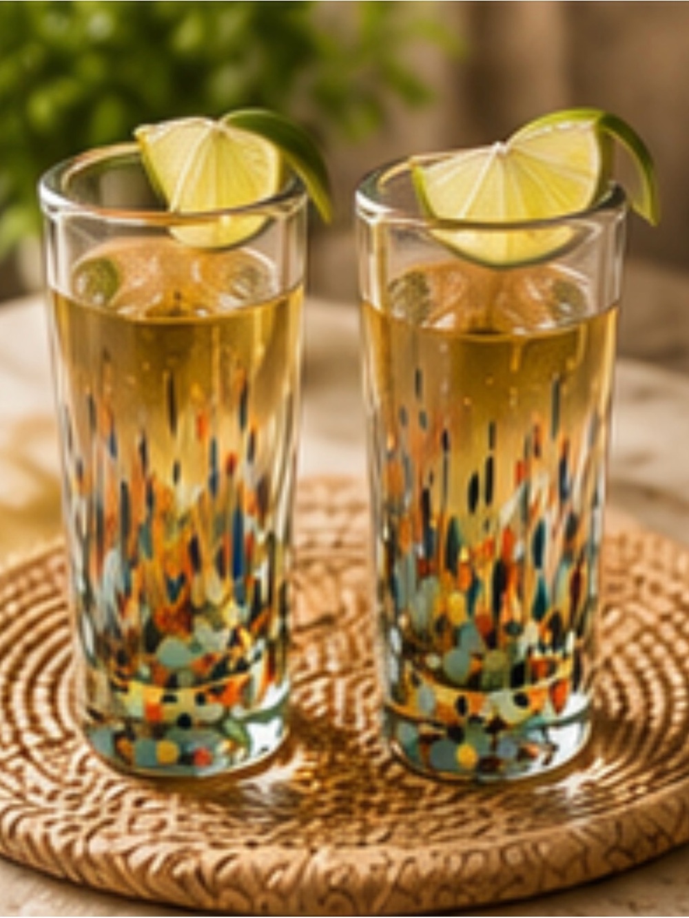 Hand Blown Confetti Art Glass Tall Shot Glasses Set of 2 Multicolor
